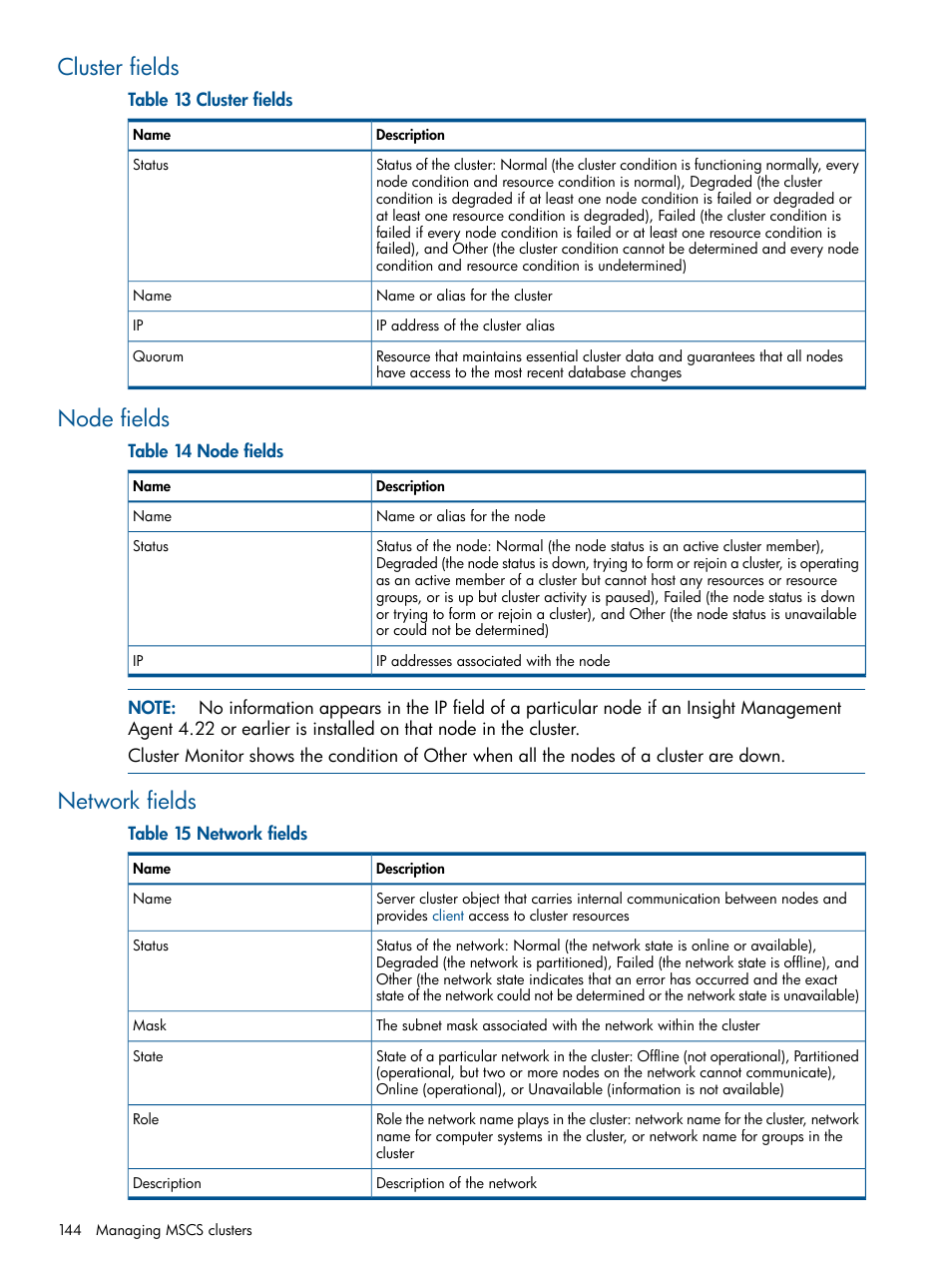 Cluster fields, Node fields, Network fields | Cluster fields node fields network fields | HP Systems Insight Manager User Manual | Page 144 / 254