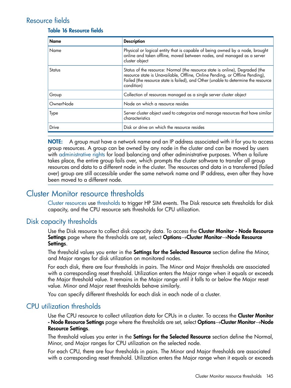 Resource fields, Cluster monitor resource thresholds, Disk capacity thresholds | Cpu utilization thresholds | HP Systems Insight Manager User Manual | Page 145 / 254