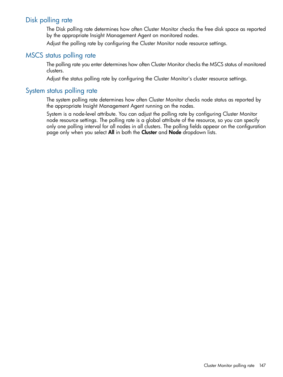 Disk polling rate, Mscs status polling rate, System status polling rate | HP Systems Insight Manager User Manual | Page 147 / 254