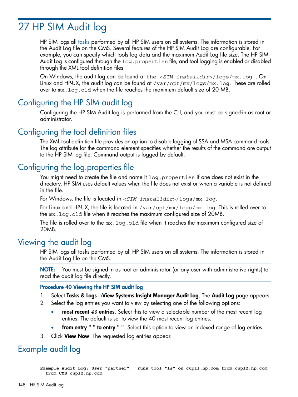 27 hp sim audit log, Configuring the hp sim audit log, Configuring the tool definition files | Configuring the log.properties file, Viewing the audit log, Example audit log | HP Systems Insight Manager User Manual | Page 148 / 254