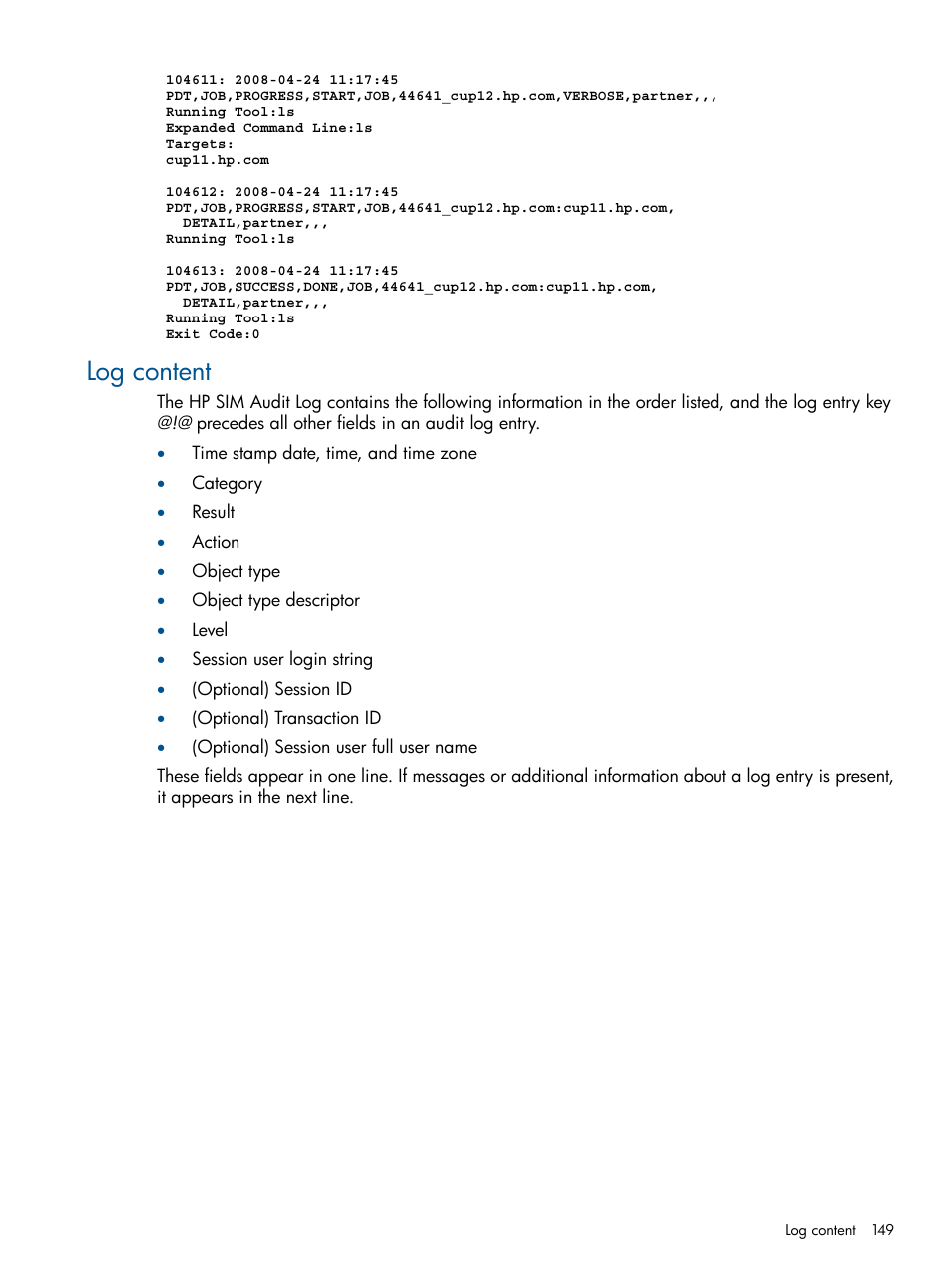 Log content | HP Systems Insight Manager User Manual | Page 149 / 254