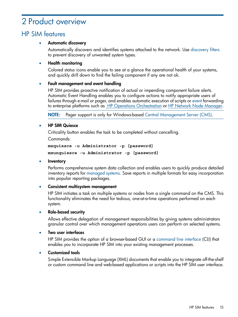 2 product overview, Hp sim features | HP Systems Insight Manager User Manual | Page 15 / 254