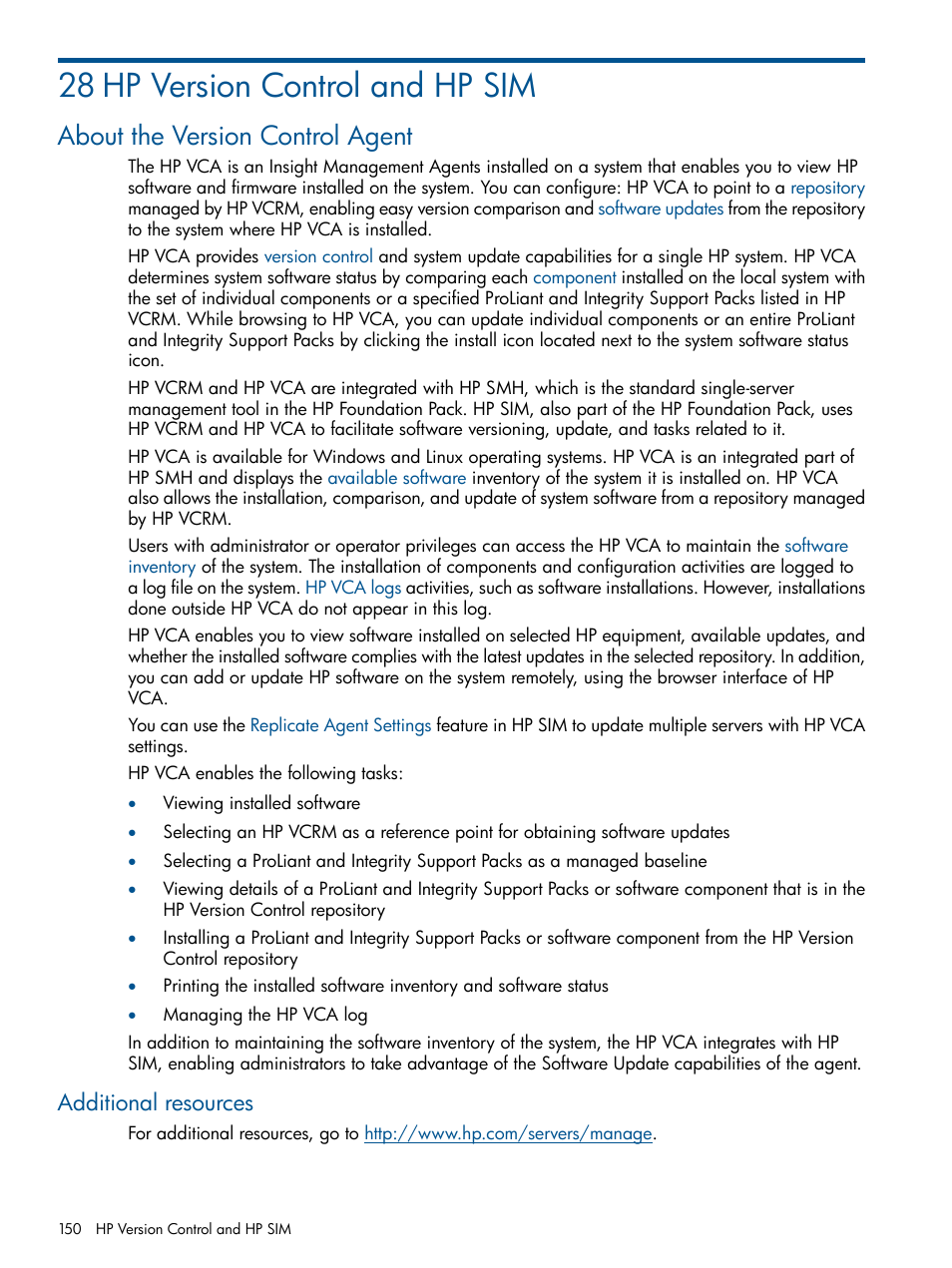 28 hp version control and hp sim, About the version control agent, Additional resources | HP Systems Insight Manager User Manual | Page 150 / 254