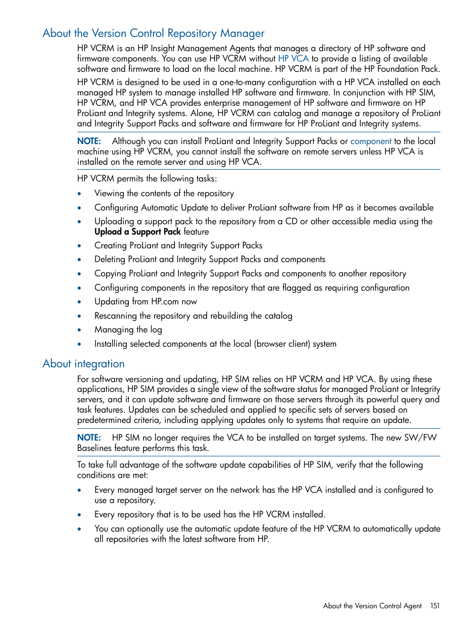 About the version control repository manager, About integration | HP Systems Insight Manager User Manual | Page 151 / 254