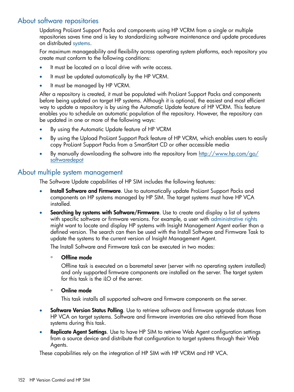 About software repositories, About multiple system management | HP Systems Insight Manager User Manual | Page 152 / 254