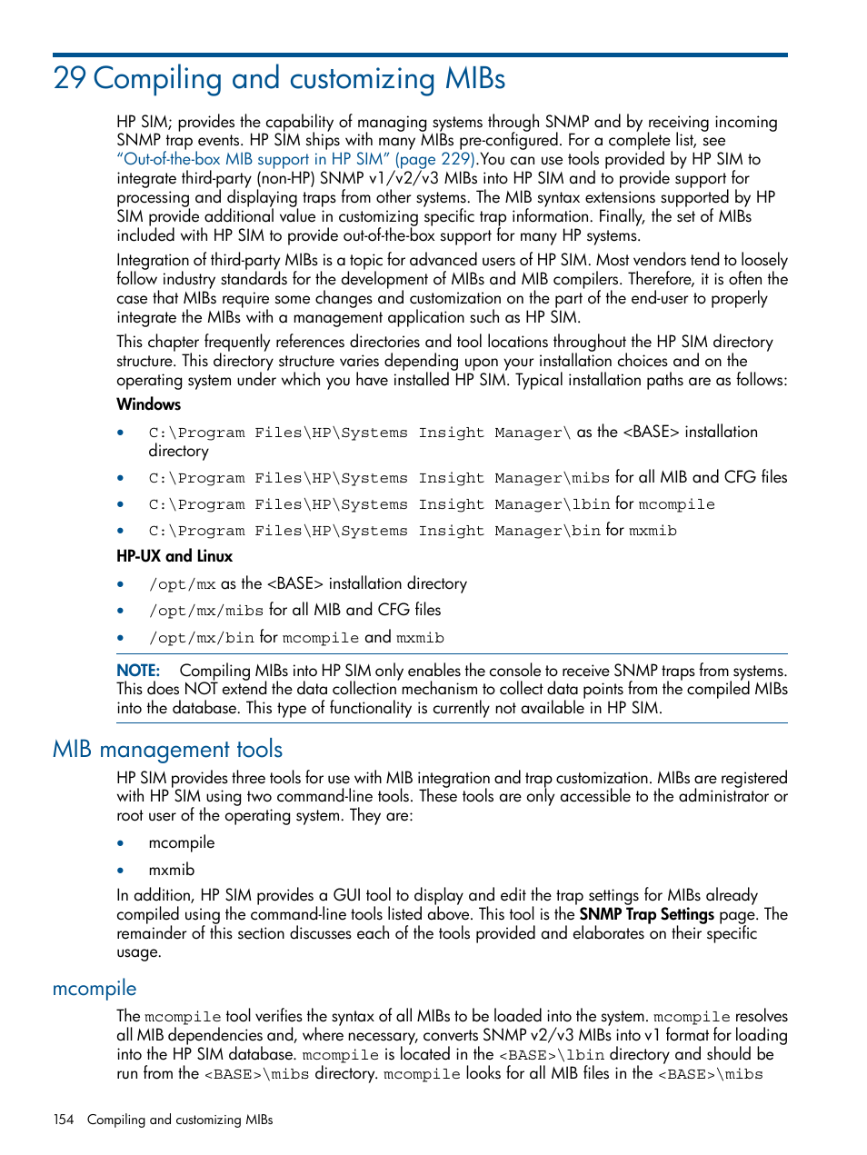 29 compiling and customizing mibs, Mib management tools, Mcompile | HP Systems Insight Manager User Manual | Page 154 / 254