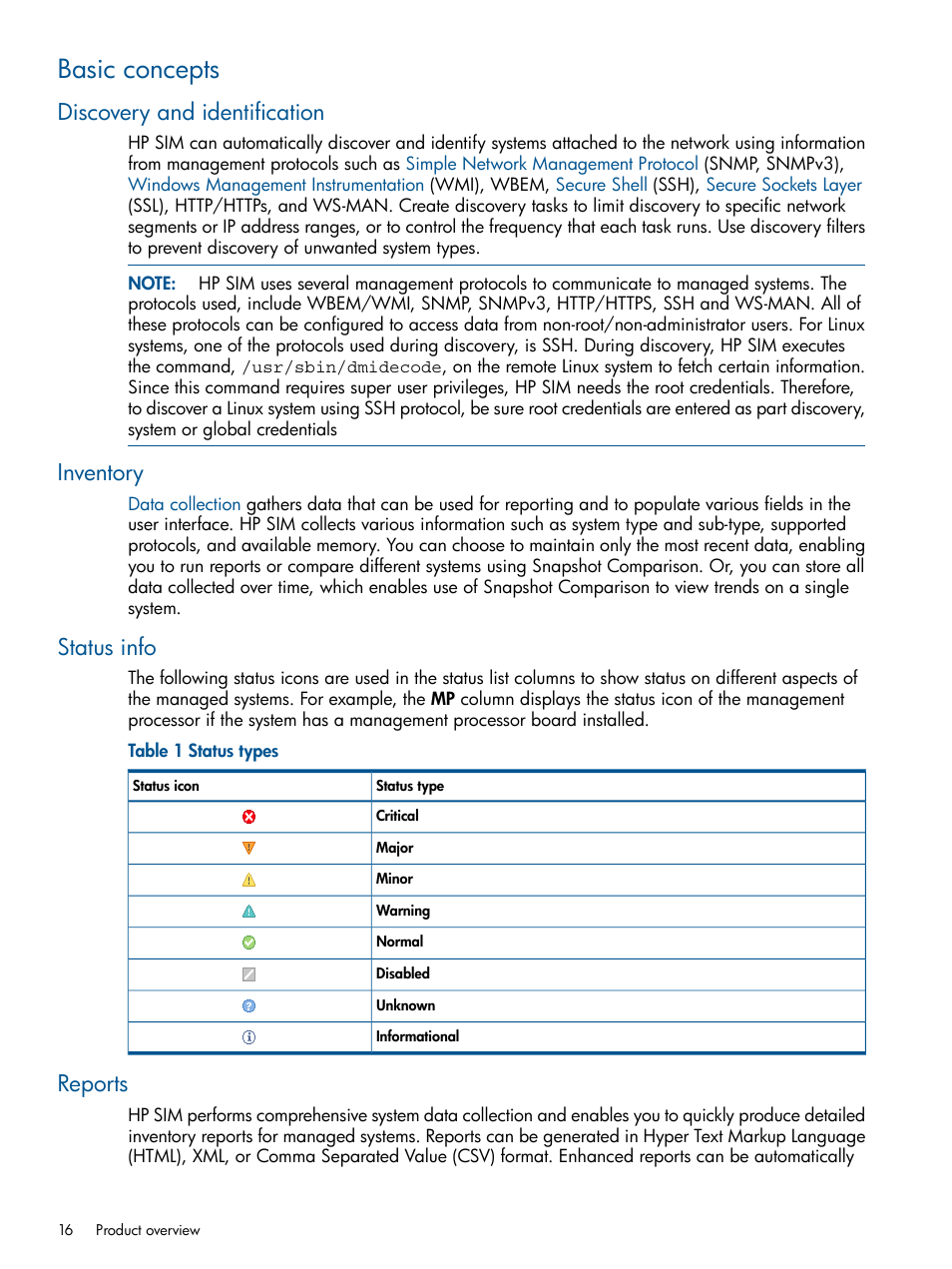Basic concepts, Discovery and identification, Inventory | Status info, Reports | HP Systems Insight Manager User Manual | Page 16 / 254