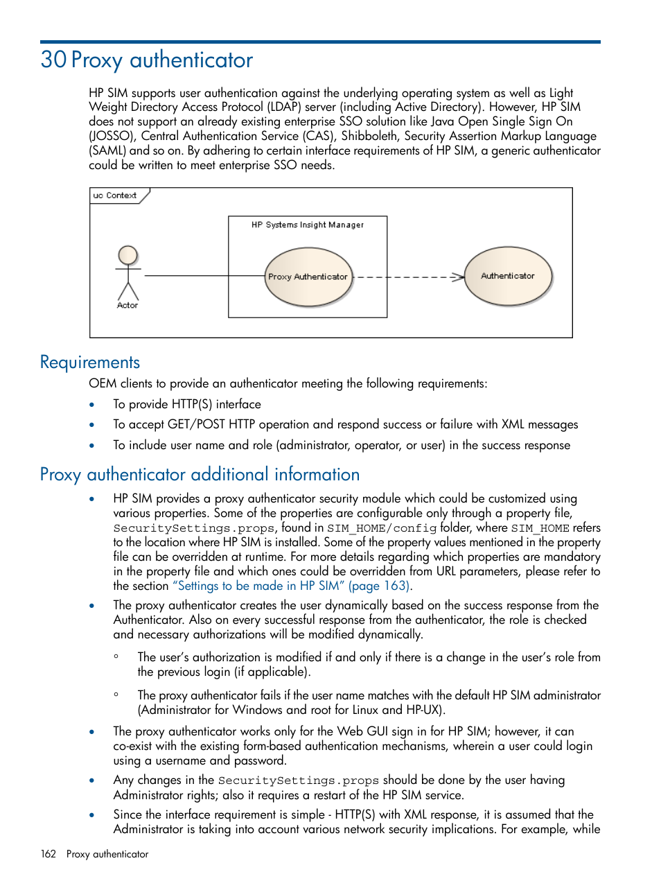 30 proxy authenticator, Requirements, Proxy authenticator additional information | HP Systems Insight Manager User Manual | Page 162 / 254