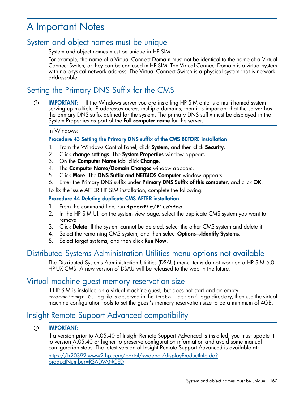 A important notes, System and object names must be unique, Setting the primary dns suffix for the cms | Virtual machine guest memory reservation size, Insight remote support advanced compatibility | HP Systems Insight Manager User Manual | Page 167 / 254