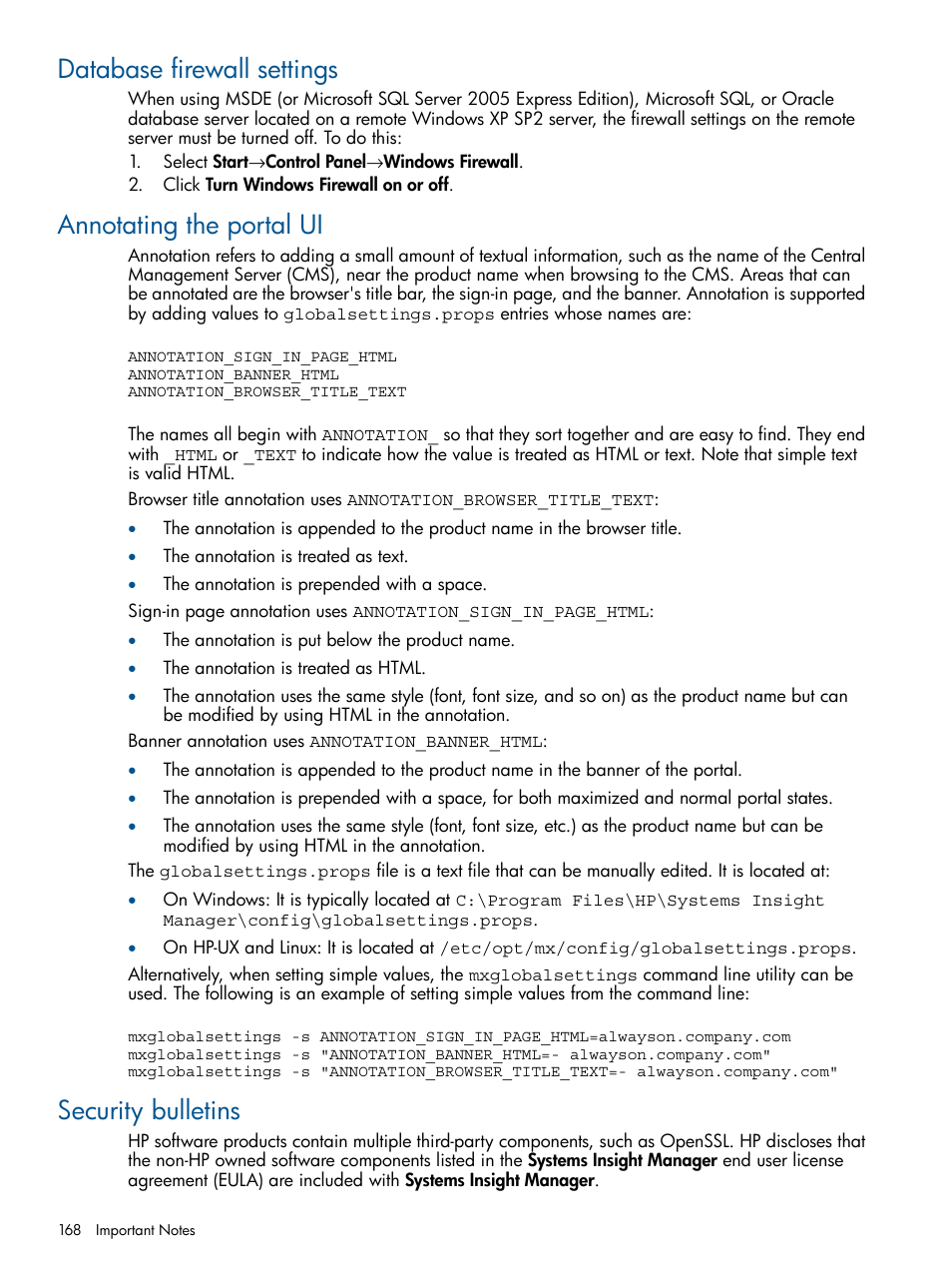 Database firewall settings, Annotating the portal ui, Security bulletins | HP Systems Insight Manager User Manual | Page 168 / 254