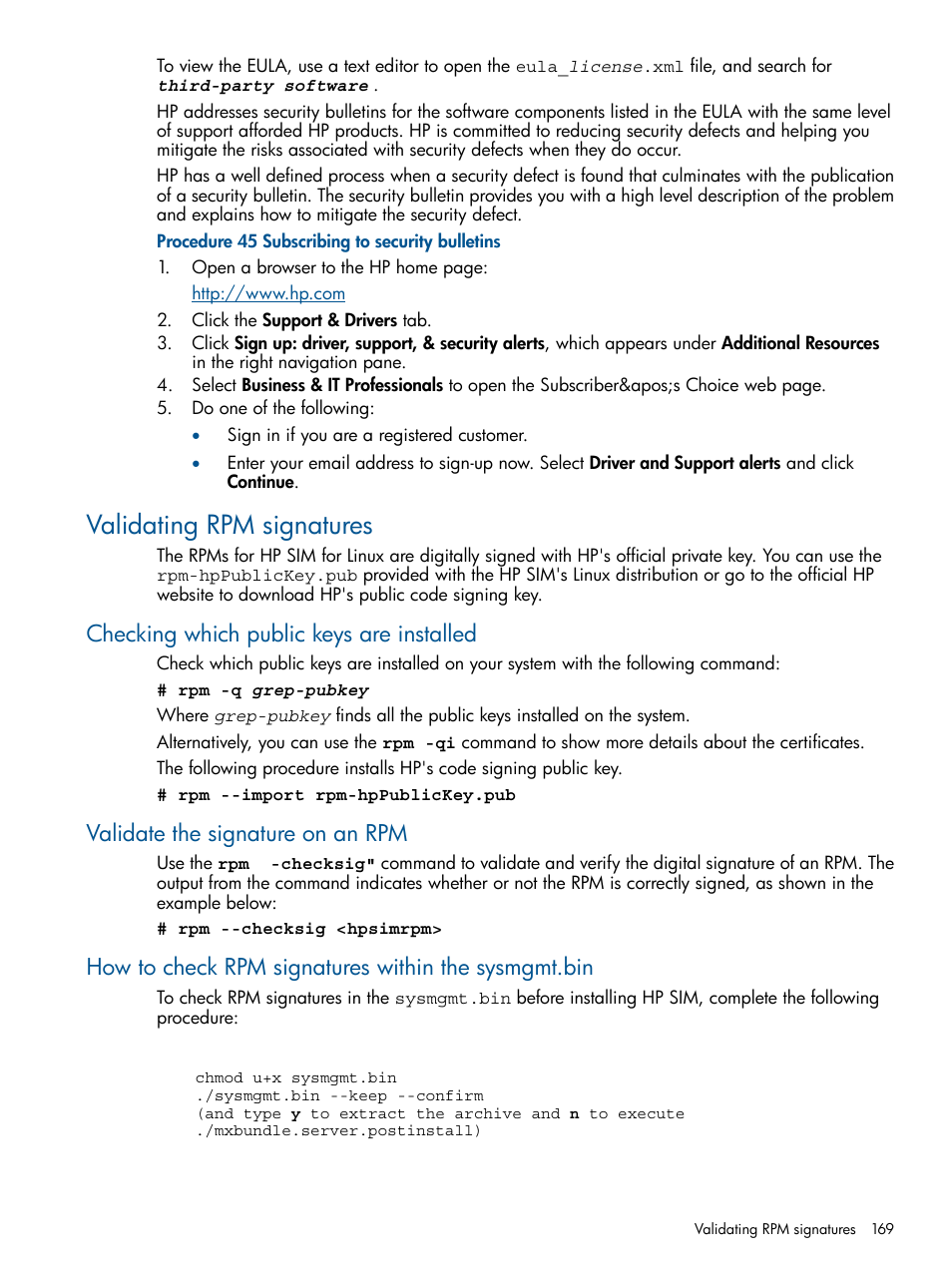 Validating rpm signatures, Checking which public keys are installed, Validate the signature on an rpm | How to check rpm signatures within the sysmgmt.bin | HP Systems Insight Manager User Manual | Page 169 / 254