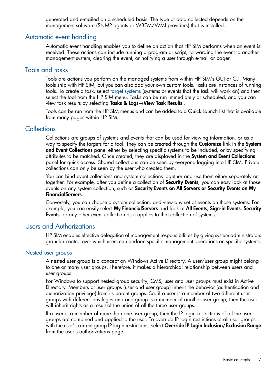 Automatic event handling, Tools and tasks, Collections | Users and authorizations, Nested user groups | HP Systems Insight Manager User Manual | Page 17 / 254