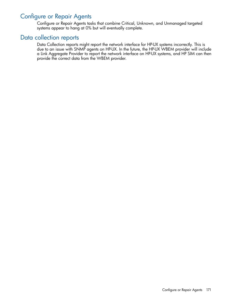 Configure or repair agents, Data collection reports, Configure or repair agents data collection reports | HP Systems Insight Manager User Manual | Page 171 / 254