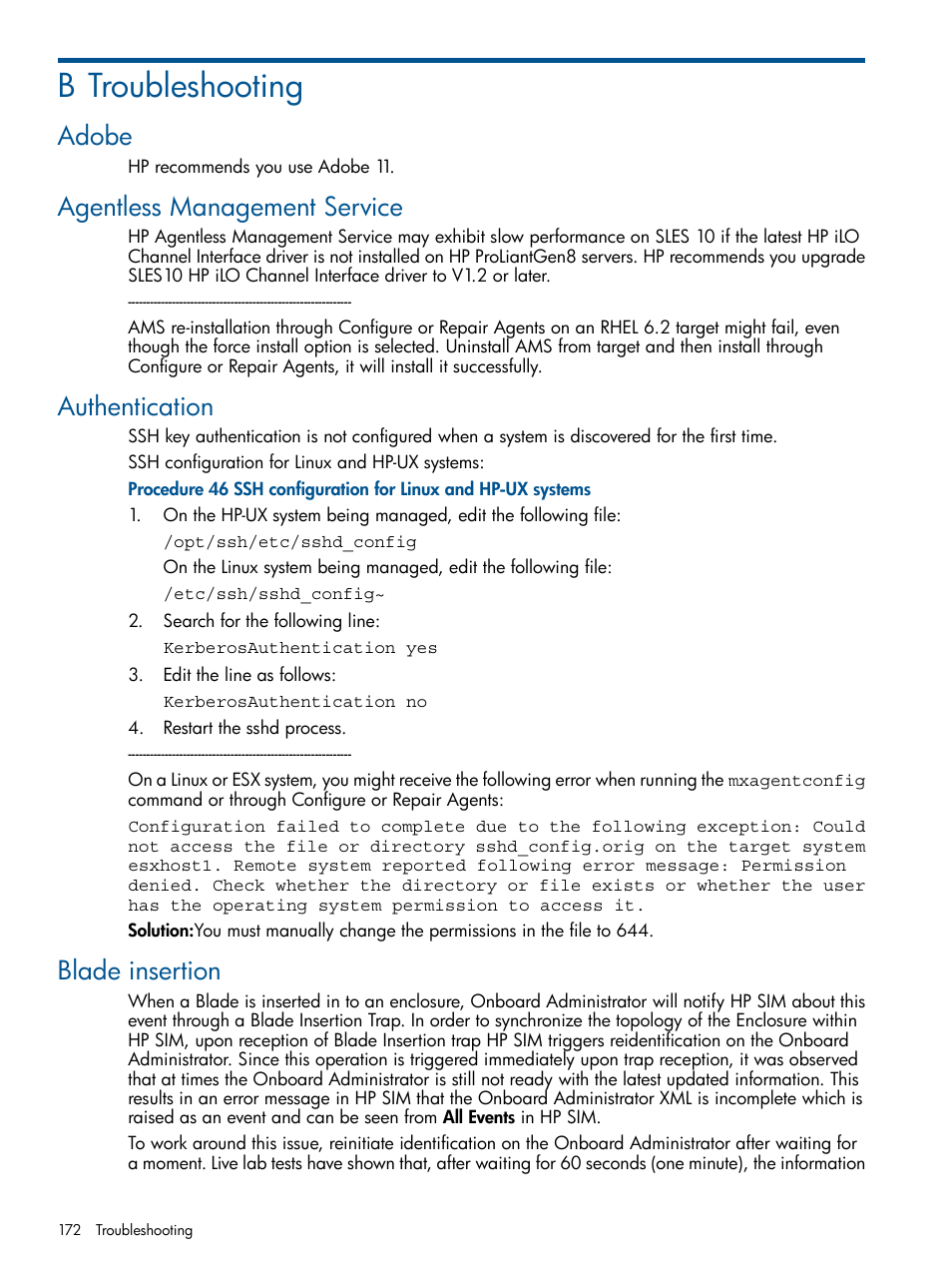 B troubleshooting, Adobe, Agentless management service | Authentication, Blade insertion | HP Systems Insight Manager User Manual | Page 172 / 254