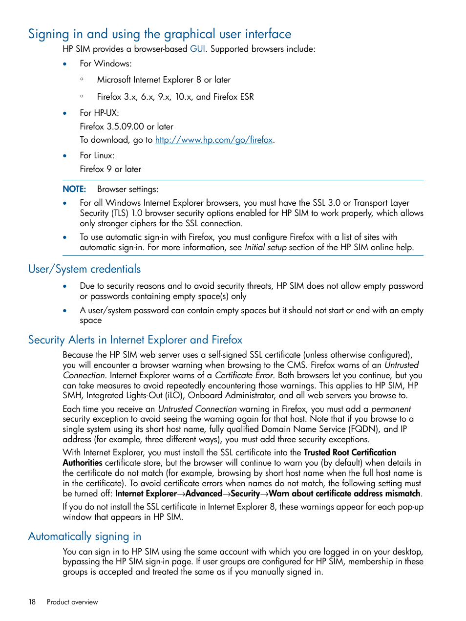 Signing in and using the graphical user interface, User/system credentials, Security alerts in internet explorer and firefox | Automatically signing in | HP Systems Insight Manager User Manual | Page 18 / 254