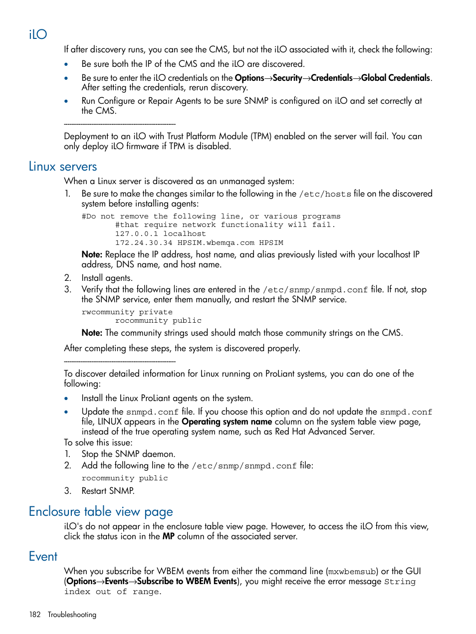 Linux servers, Event, Enclosure table view page | HP Systems Insight Manager User Manual | Page 182 / 254