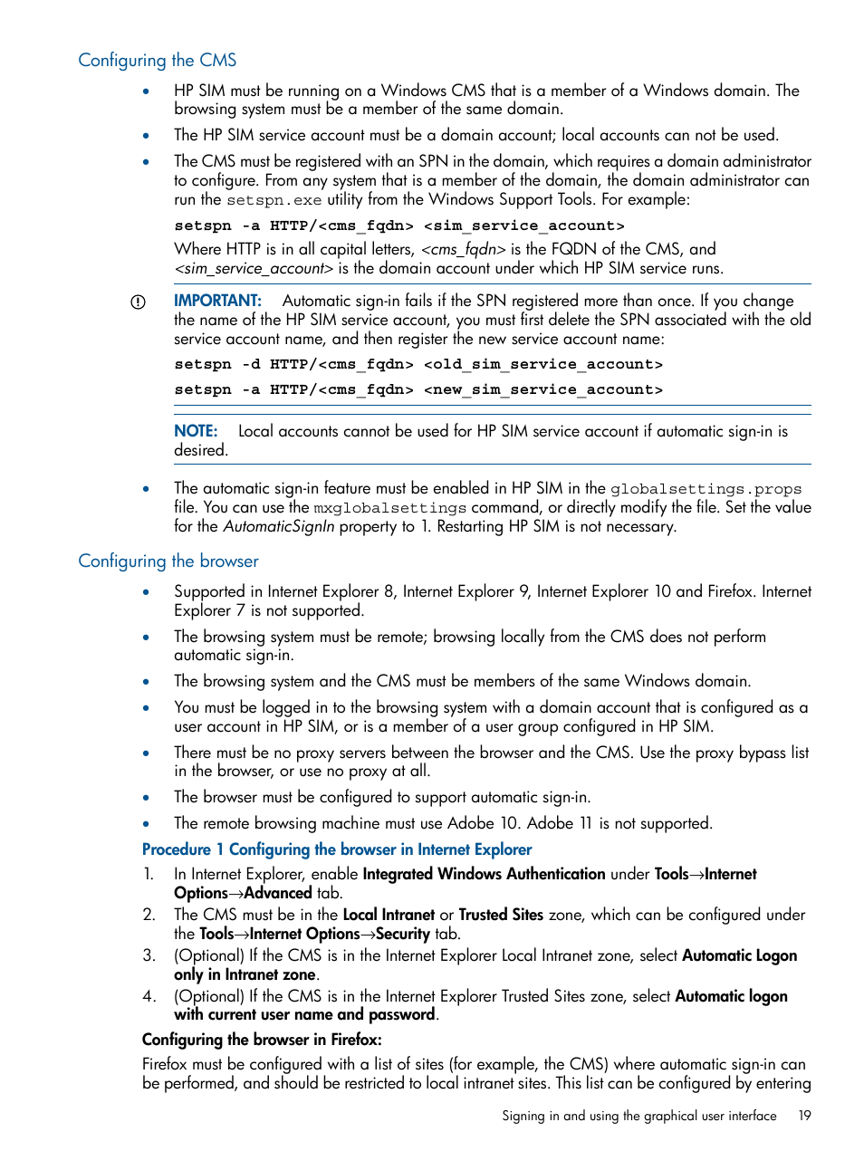 Configuring the cms, Configuring the browser, Configuring the cms configuring the browser | HP Systems Insight Manager User Manual | Page 19 / 254