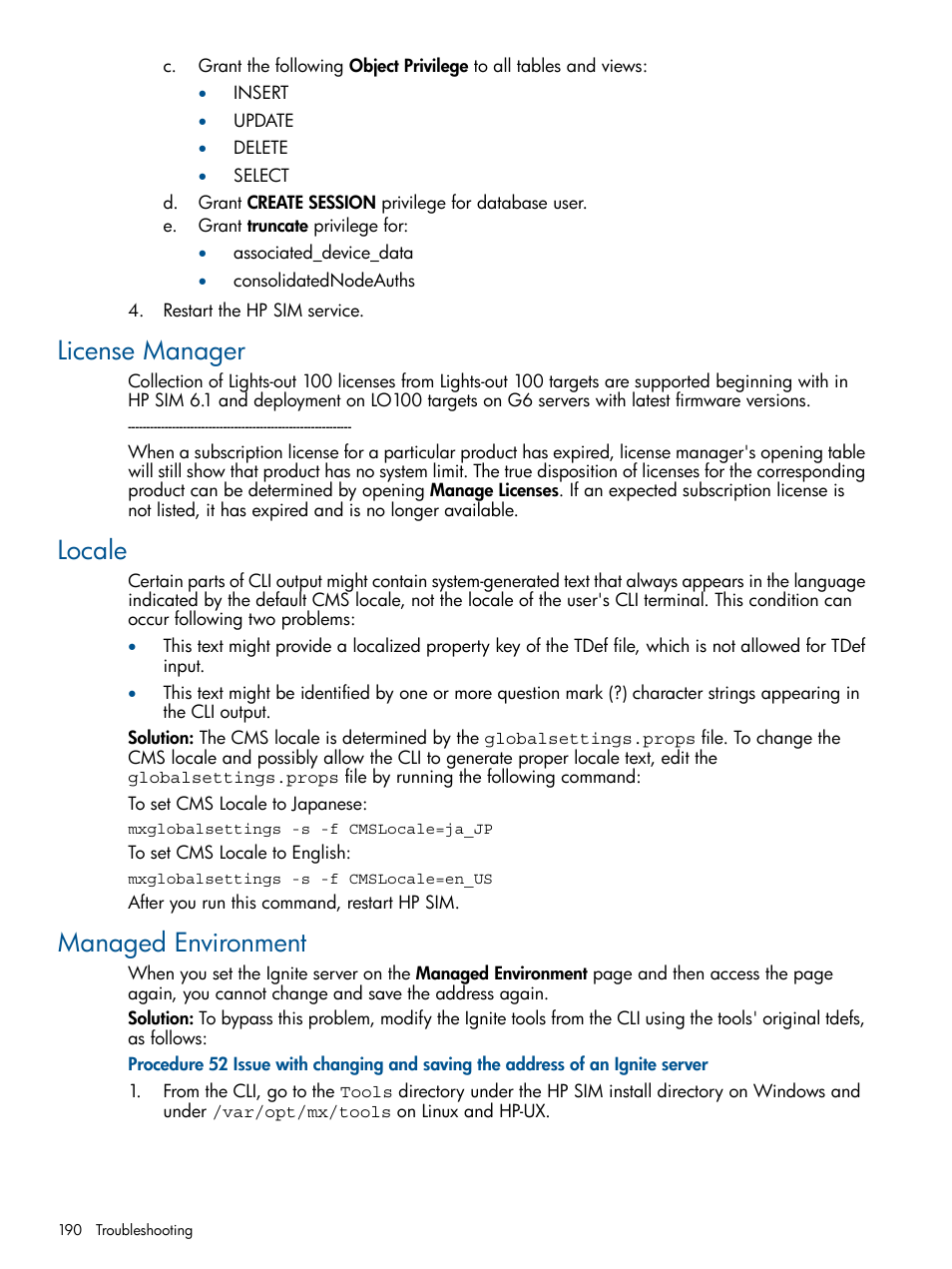 License manager, Locale, Managed environment | License manager locale managed environment | HP Systems Insight Manager User Manual | Page 190 / 254