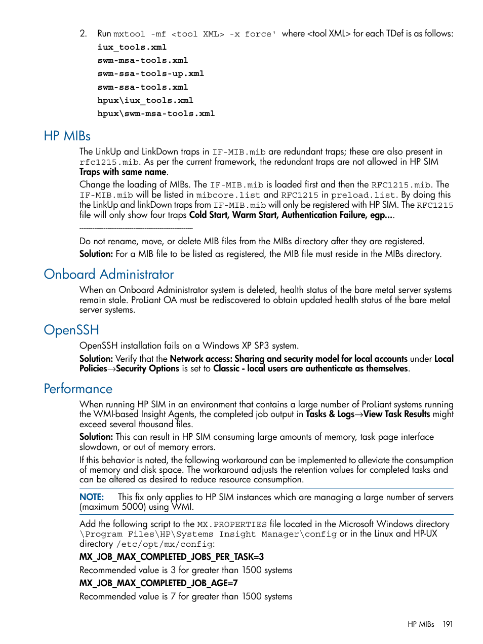 Hp mibs, Onboard administrator, Openssh | Performance, Hp mibs onboard administrator openssh performance | HP Systems Insight Manager User Manual | Page 191 / 254