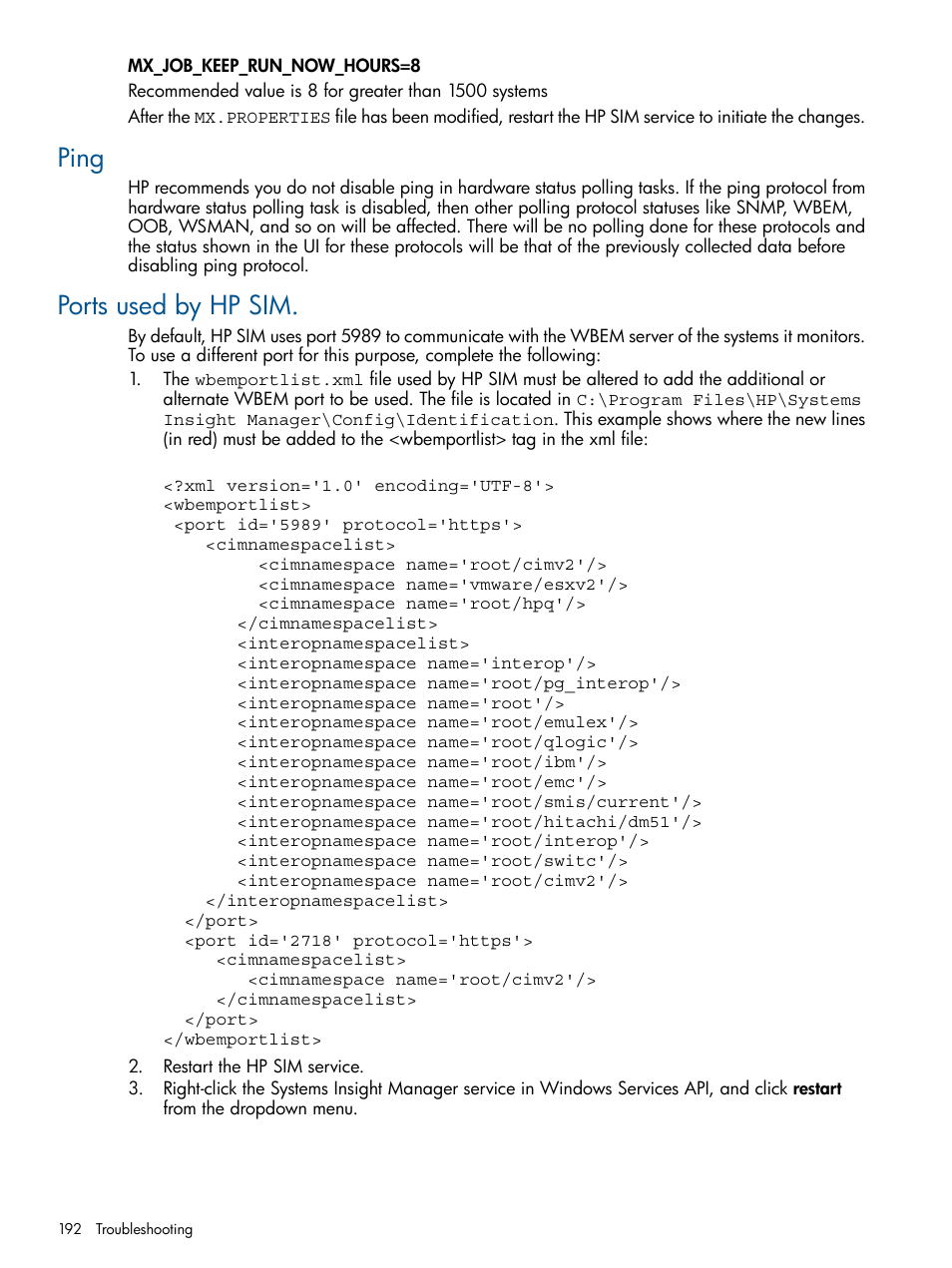 Ping, Ports used by hp sim, Ping ports used by hp sim | HP Systems Insight Manager User Manual | Page 192 / 254