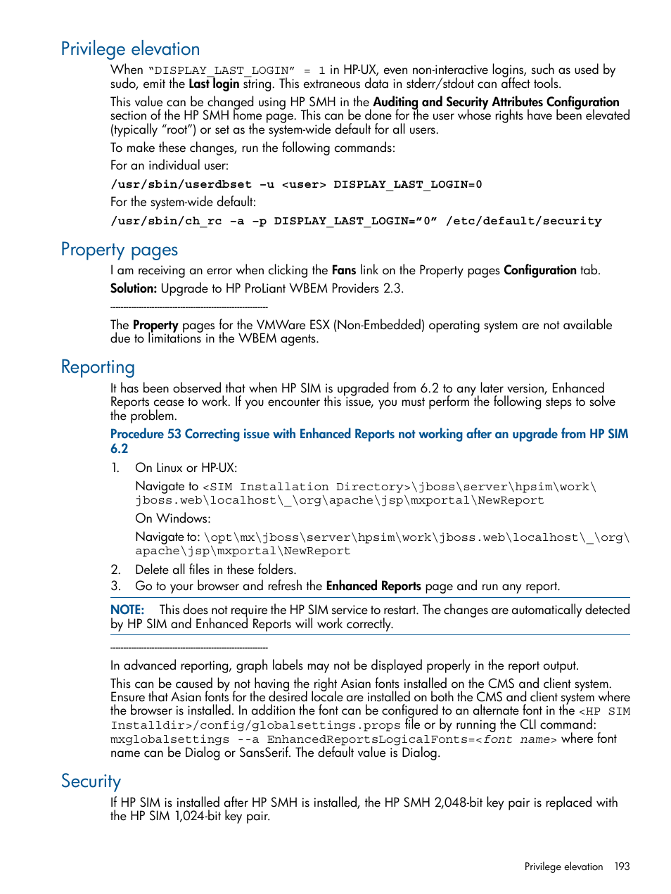 Privilege elevation, Reporting, Security | Property pages | HP Systems Insight Manager User Manual | Page 193 / 254