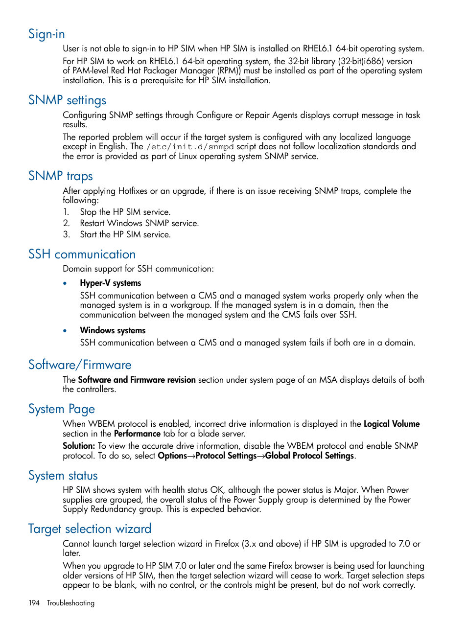 Sign-in, Snmp settings, Snmp traps | Ssh communication, Software/firmware, System status, Target selection wizard, System page | HP Systems Insight Manager User Manual | Page 194 / 254