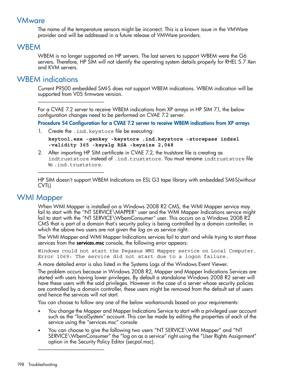 Vmware, Wbem, Wbem indications | Wmi mapper, Vmware wbem wbem indications wmi mapper | HP Systems Insight Manager User Manual | Page 198 / 254