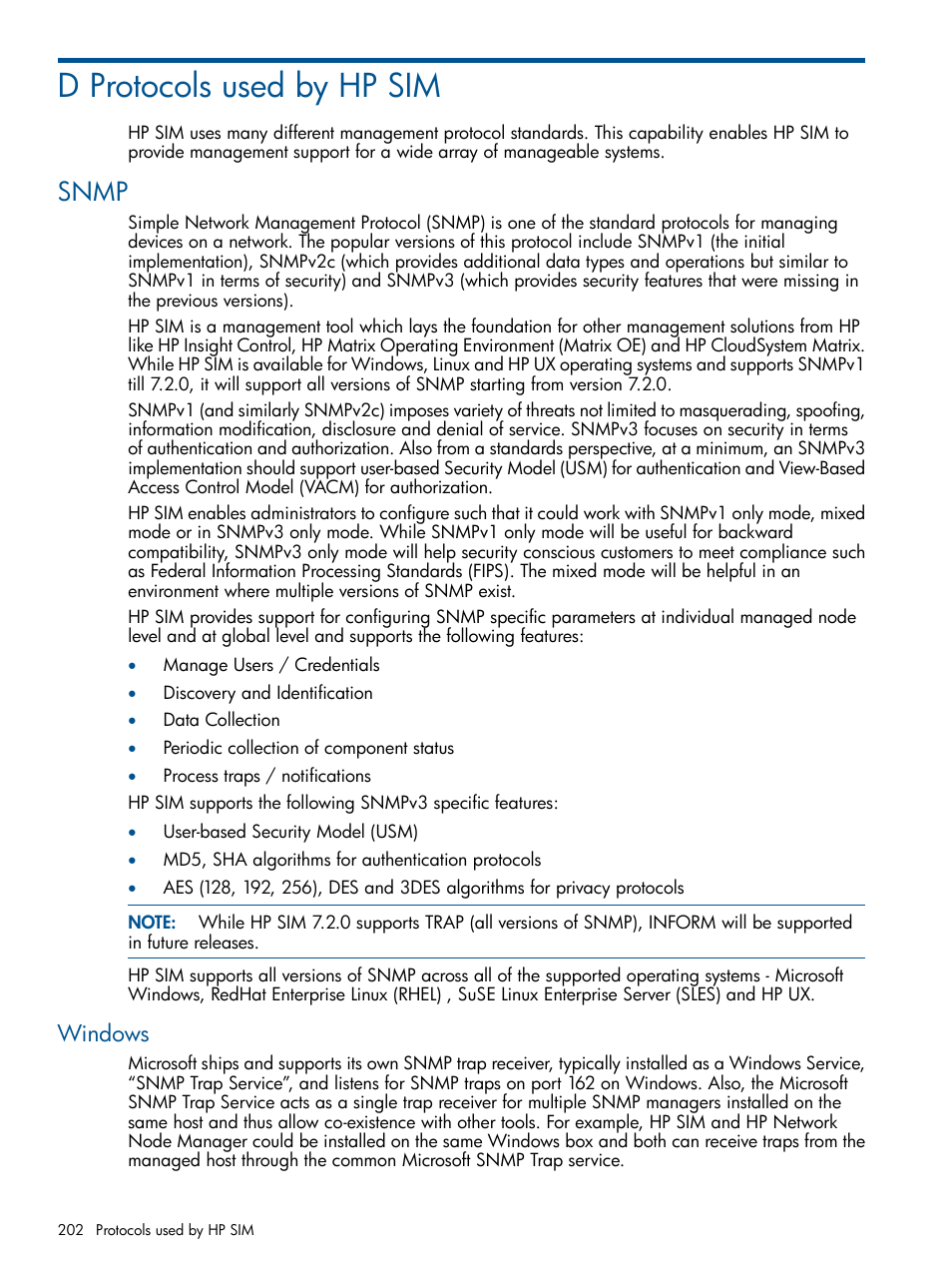 D protocols used by hp sim, Snmp, Windows | HP Systems Insight Manager User Manual | Page 202 / 254