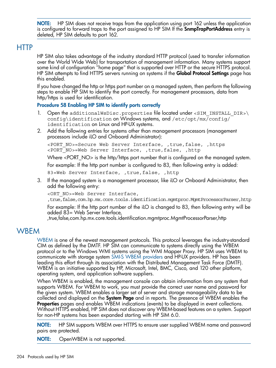 Http, Wbem | HP Systems Insight Manager User Manual | Page 204 / 254