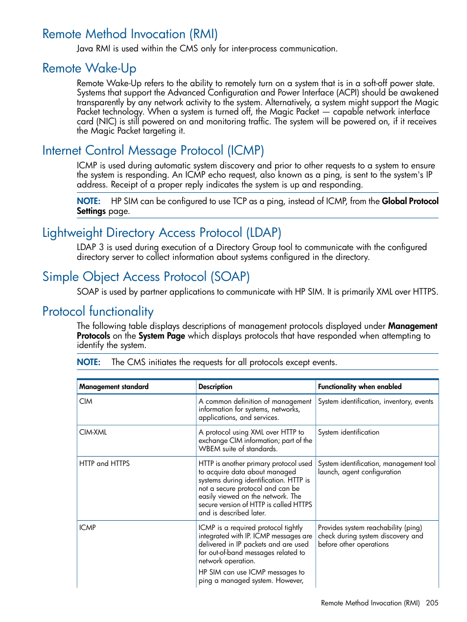 Remote method invocation (rmi), Remote wake-up, Internet control message protocol (icmp) | Lightweight directory access protocol (ldap), Simple object access protocol (soap), Protocol functionality | HP Systems Insight Manager User Manual | Page 205 / 254