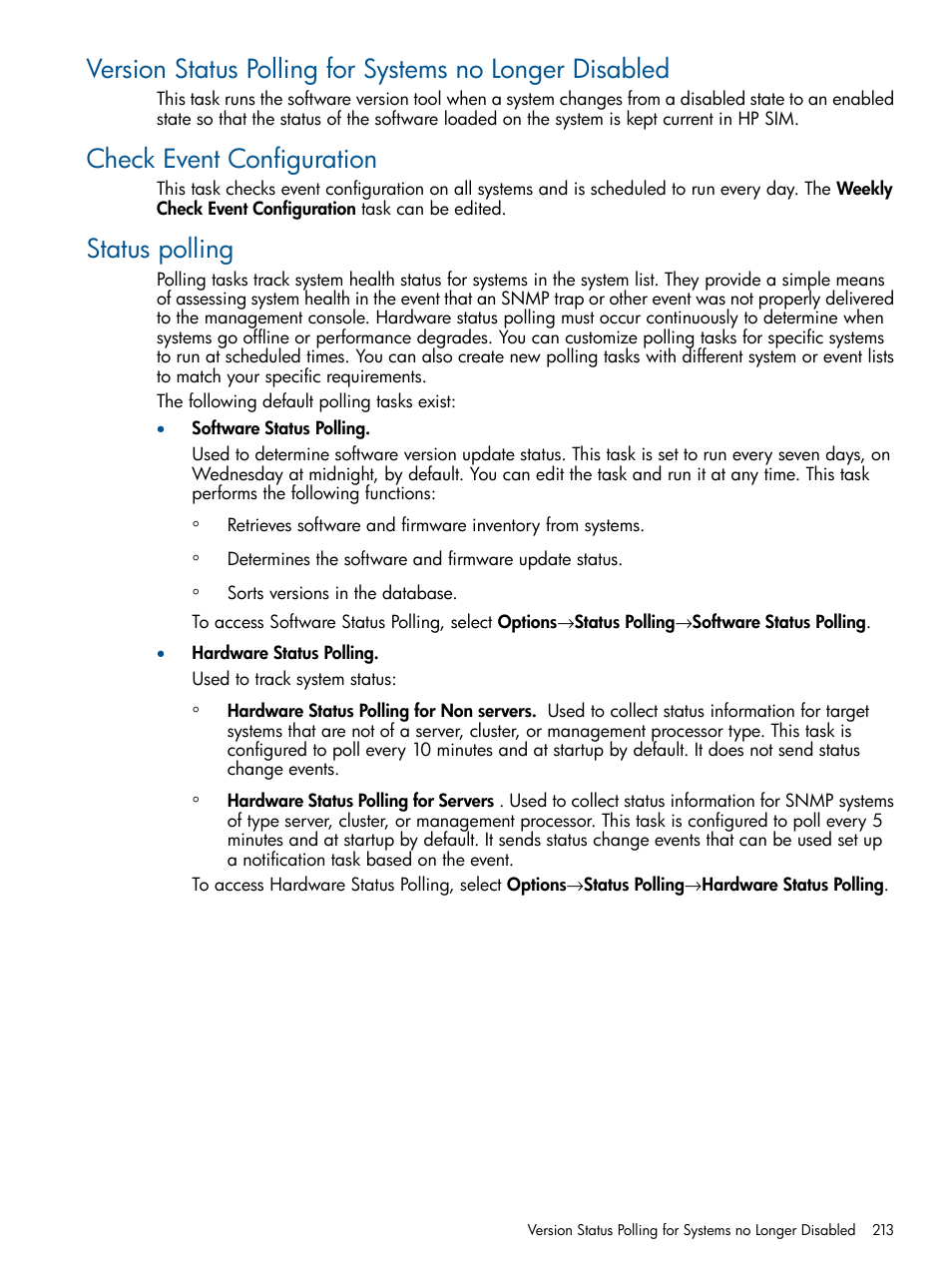 Check event configuration, Status polling | HP Systems Insight Manager User Manual | Page 213 / 254