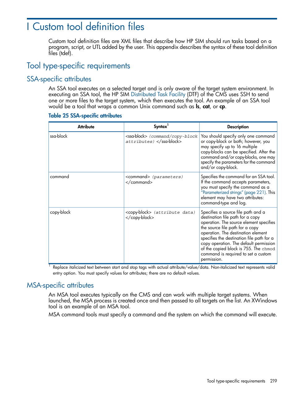 I custom tool definition files, Tool type-specific requirements, Ssa-specific attributes | Msa-specific attributes, Ssa-specific attributes msa-specific attributes, Custom tool | HP Systems Insight Manager User Manual | Page 219 / 254