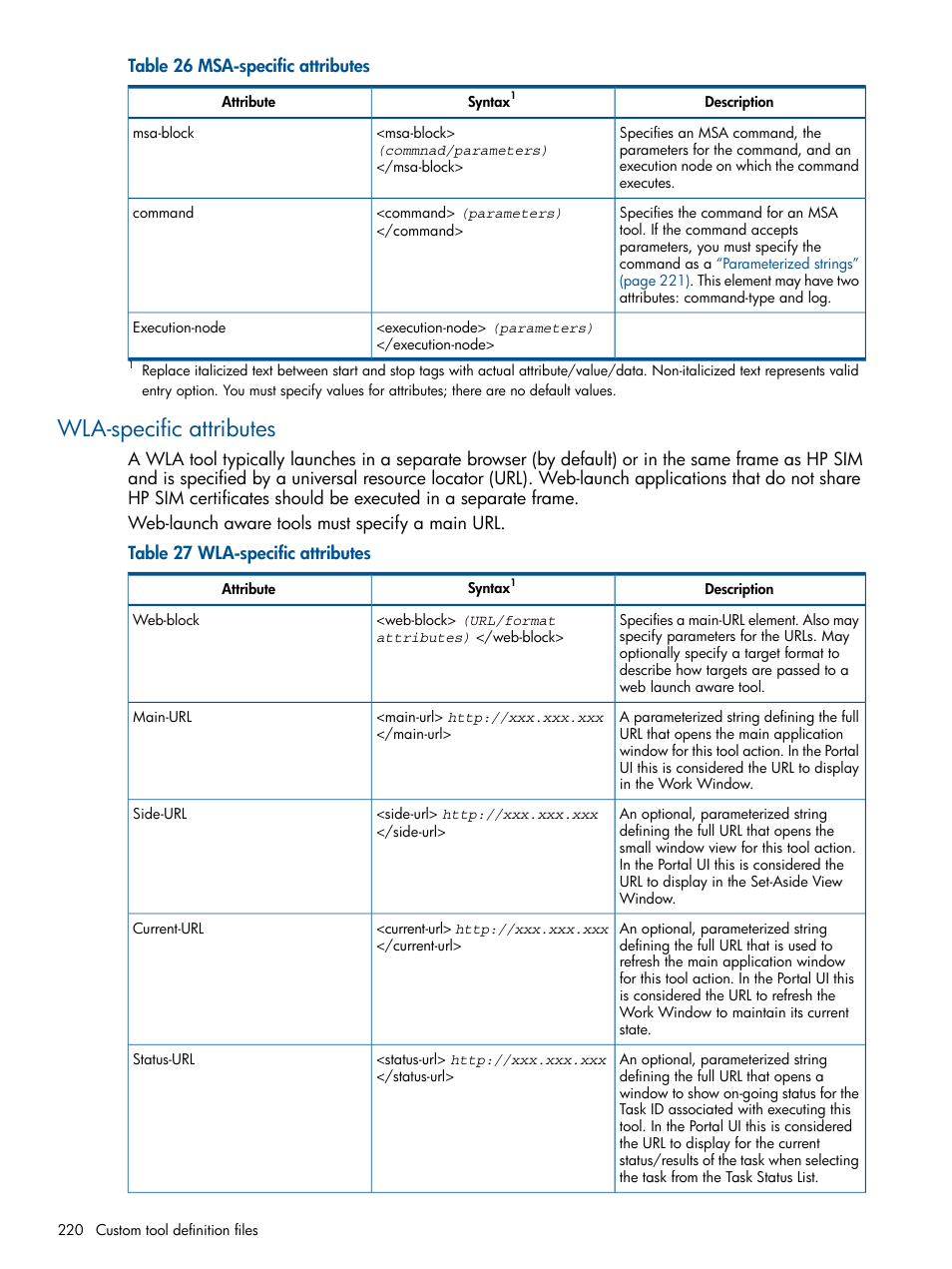 Wla-specific attributes, Wla-specific | HP Systems Insight Manager User Manual | Page 220 / 254