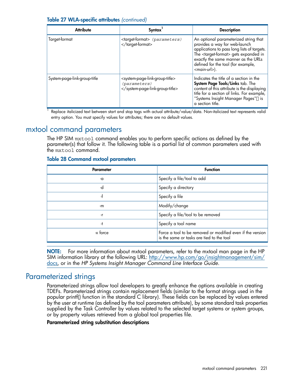 Mxtool command parameters, Parameterized strings, Mxtool command parameters parameterized strings | Parameterized | HP Systems Insight Manager User Manual | Page 221 / 254