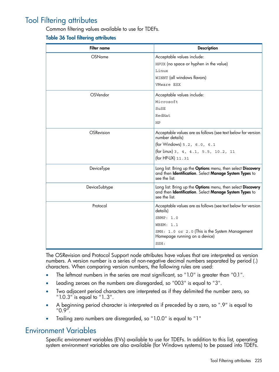 Tool filtering attributes, Environment variables, Tool filtering attributes environment variables | HP Systems Insight Manager User Manual | Page 225 / 254