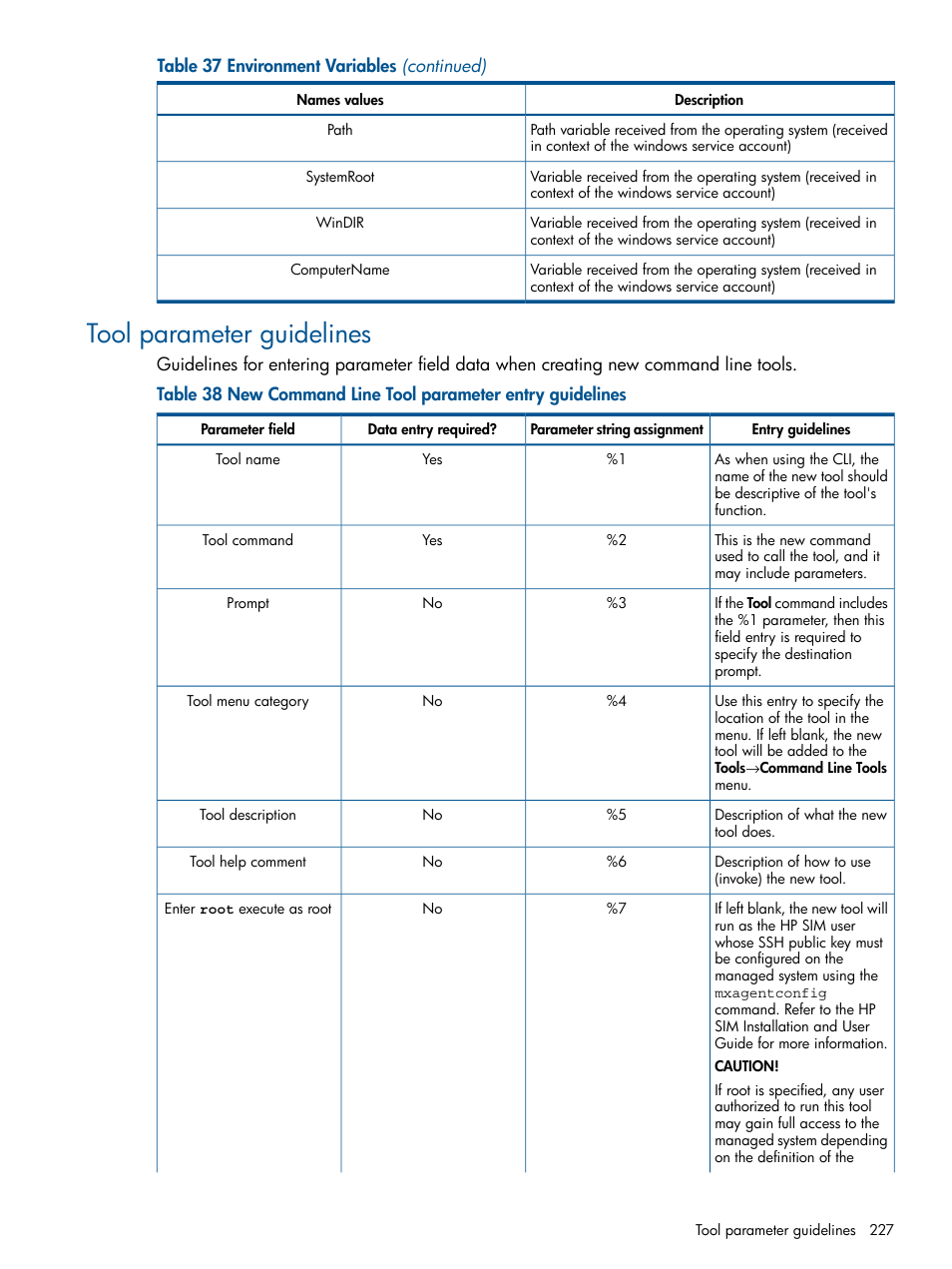 Tool parameter guidelines | HP Systems Insight Manager User Manual | Page 227 / 254