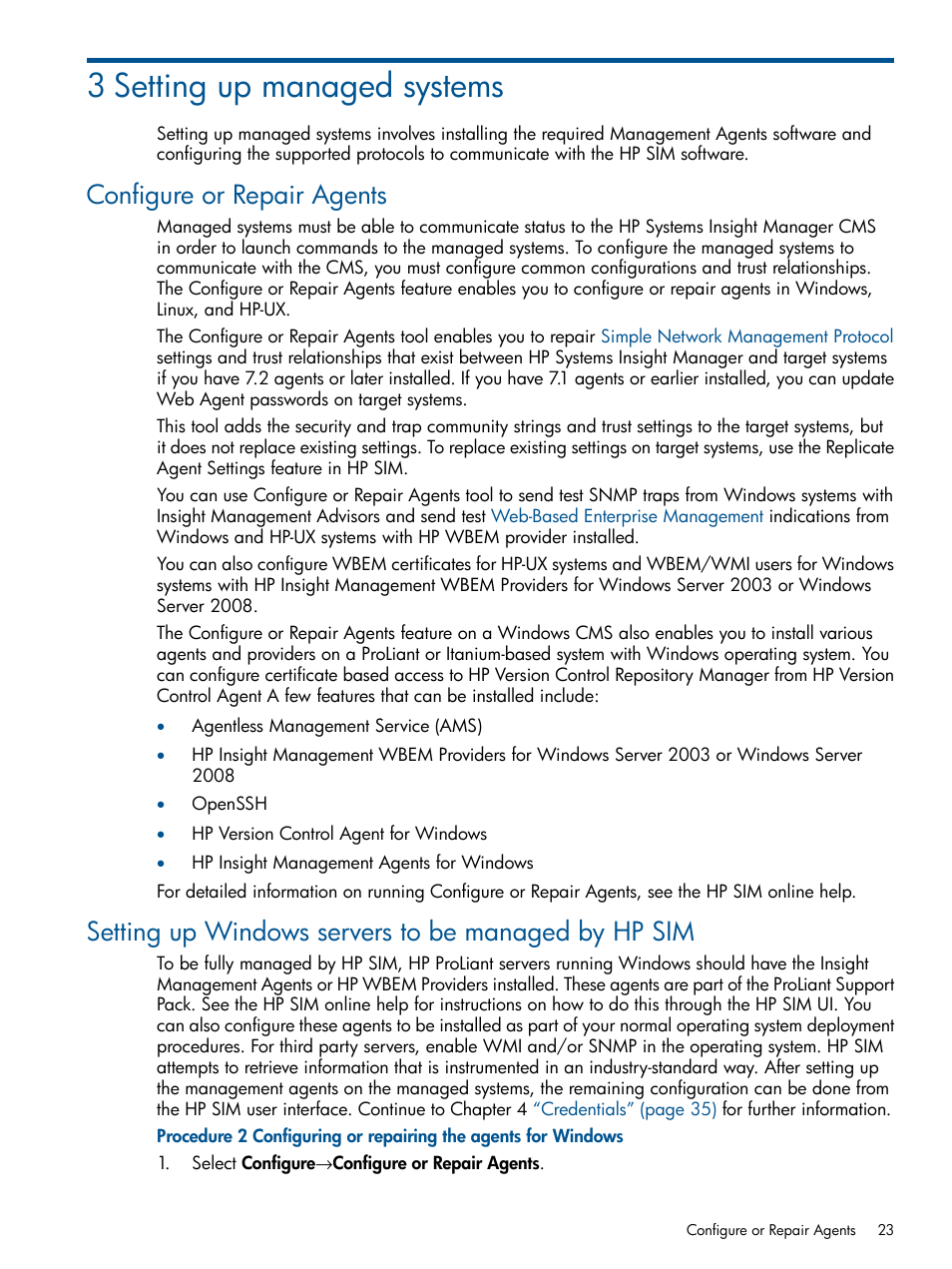 3 setting up managed systems, Configure or repair agents, Setting up windows servers to be managed by hp sim | HP Systems Insight Manager User Manual | Page 23 / 254