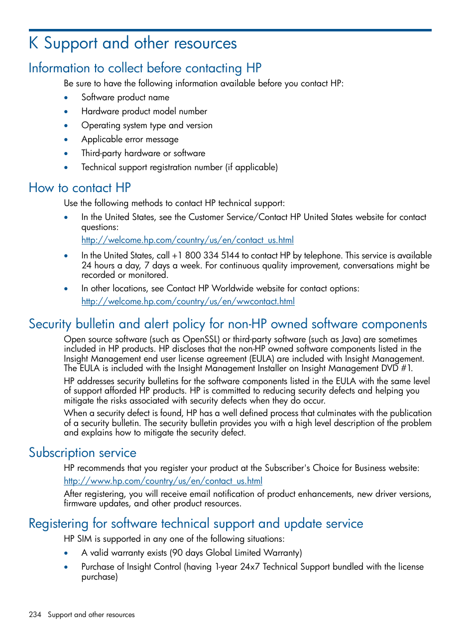 K support and other resources, Information to collect before contacting hp, How to contact hp | Subscription service, Support and | HP Systems Insight Manager User Manual | Page 234 / 254