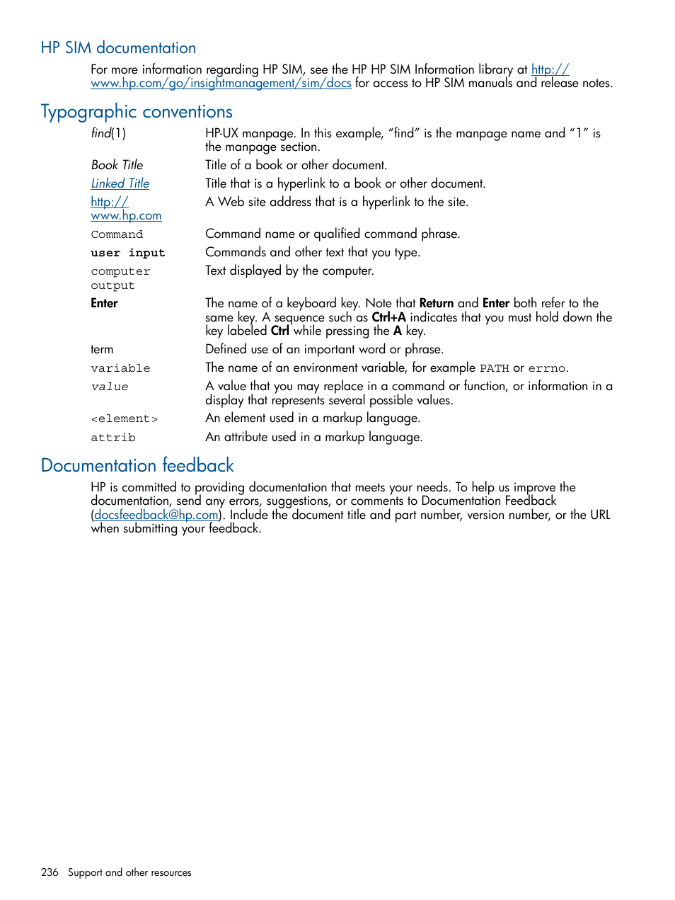 Hp sim documentation, Typographic conventions, Documentation feedback | Typographic conventions documentation feedback | HP Systems Insight Manager User Manual | Page 236 / 254