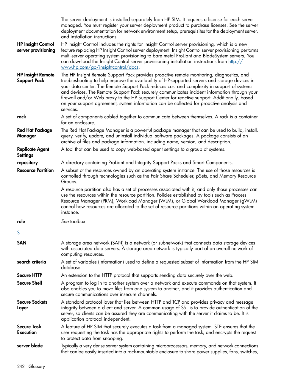Secure shell, Secure sockets layer, Server blade | Https, Repository, Replicate agent settings | HP Systems Insight Manager User Manual | Page 242 / 254