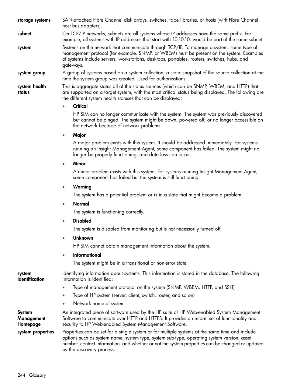 System health status, System, System health | Status, Systems, The health status | HP Systems Insight Manager User Manual | Page 244 / 254