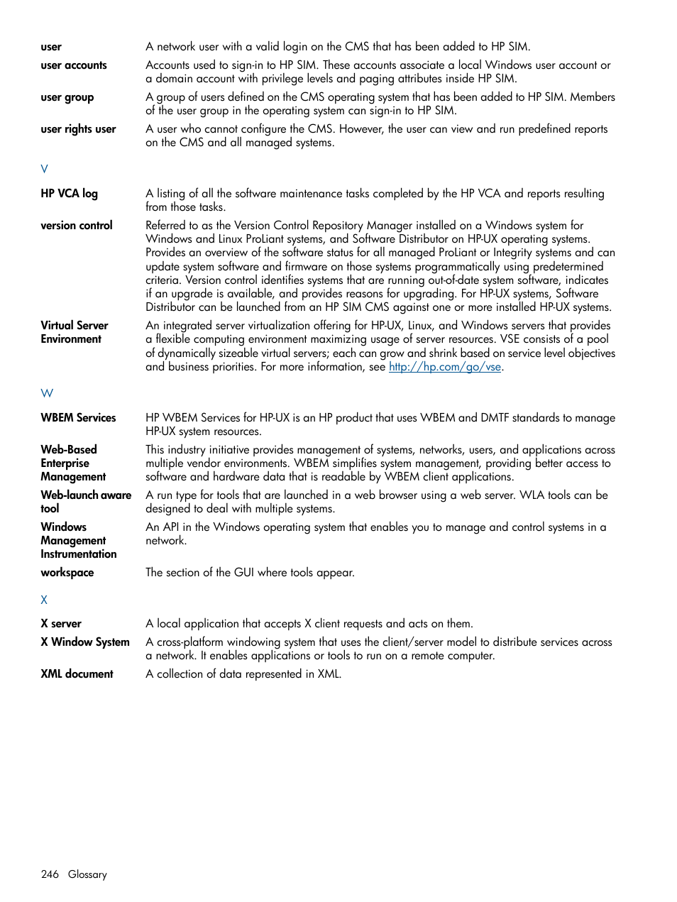 Windows management instrumentation, Workspace, Users | User groups, User account, User, User rights, Version control, Hp vca logs | HP Systems Insight Manager User Manual | Page 246 / 254