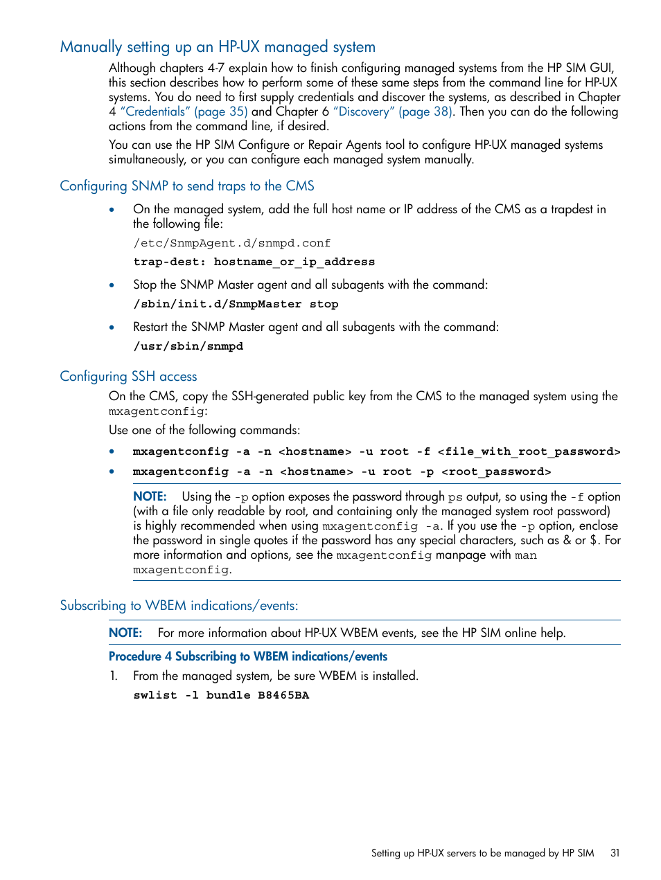 Manually setting up an hp-ux managed system, Configuring snmp to send traps to the cms, Configuring ssh access | Subscribing to wbem indications/events | HP Systems Insight Manager User Manual | Page 31 / 254