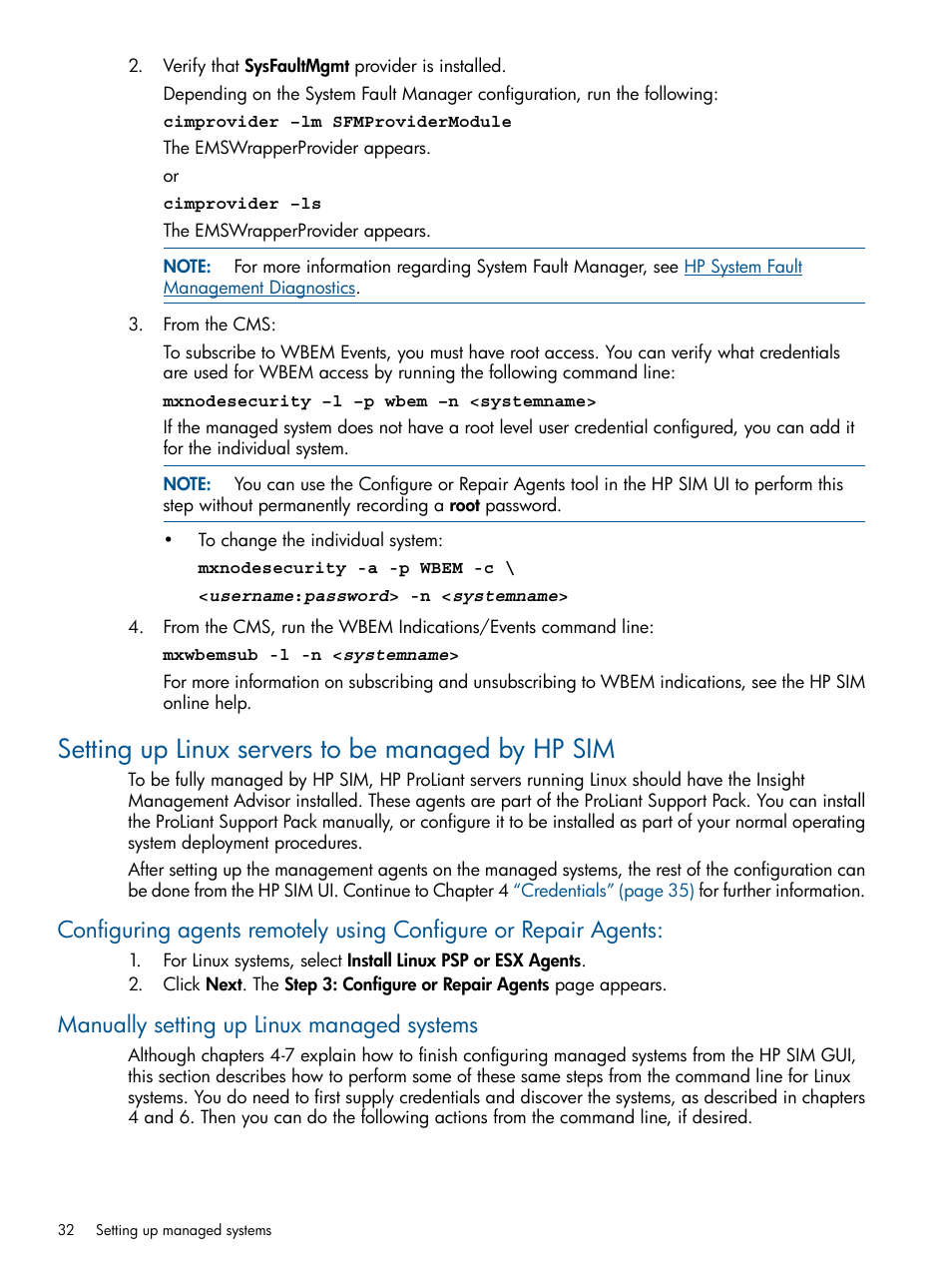 Setting up linux servers to be managed by hp sim, Manually setting up linux managed systems | HP Systems Insight Manager User Manual | Page 32 / 254