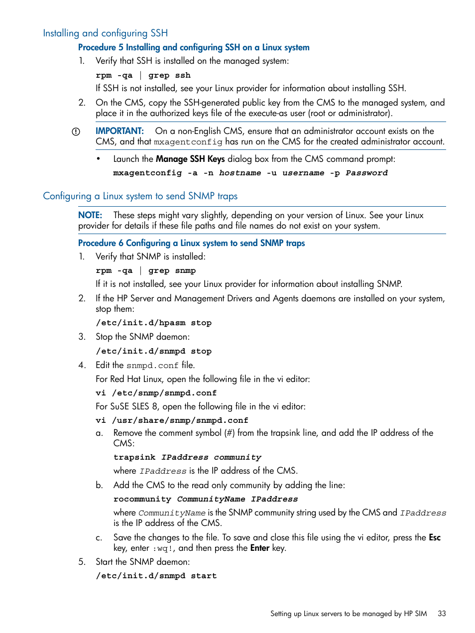 Installing and configuring ssh, Configuring a linux system to send snmp traps | HP Systems Insight Manager User Manual | Page 33 / 254
