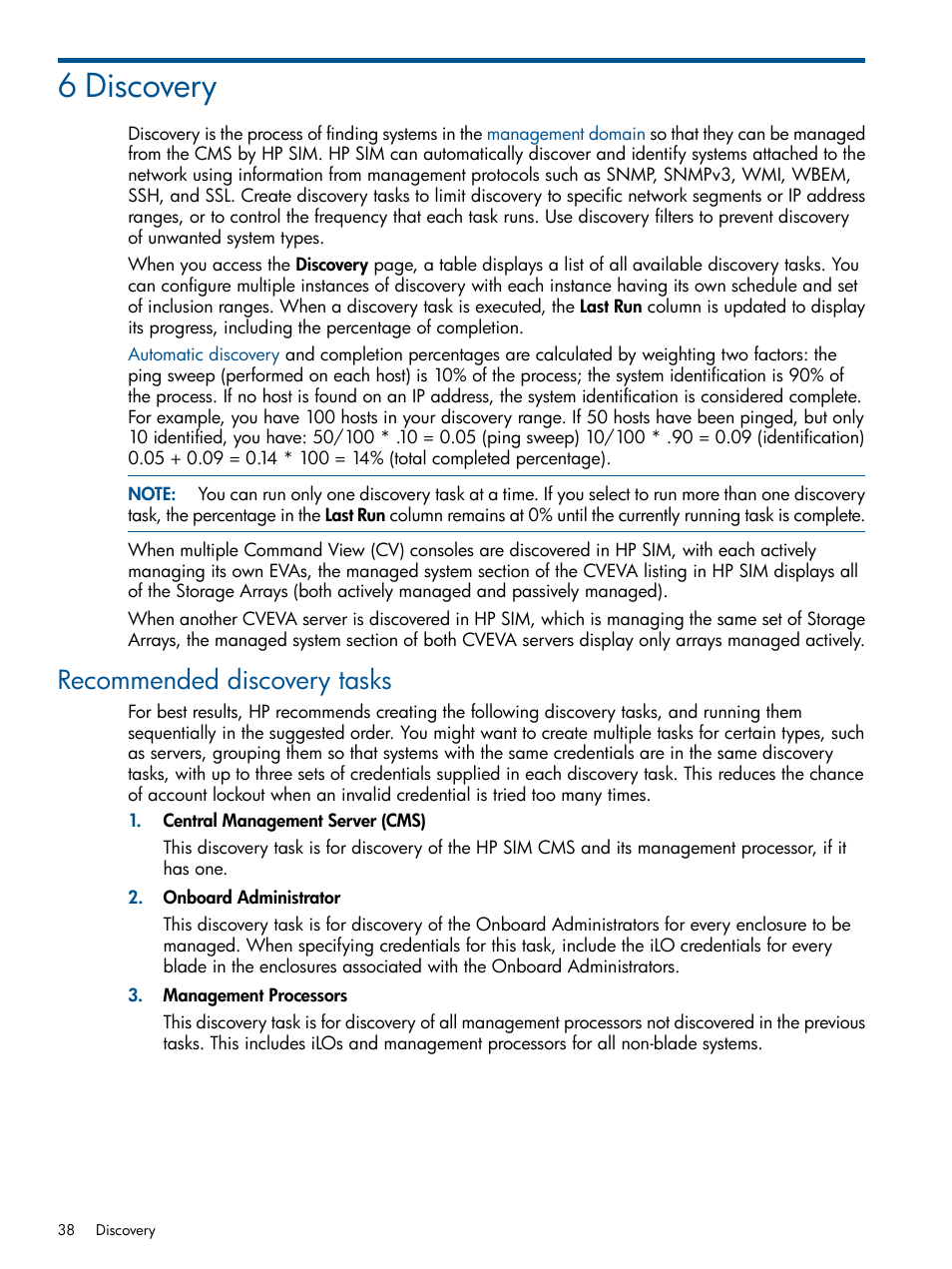 6 discovery, Recommended discovery tasks | HP Systems Insight Manager User Manual | Page 38 / 254