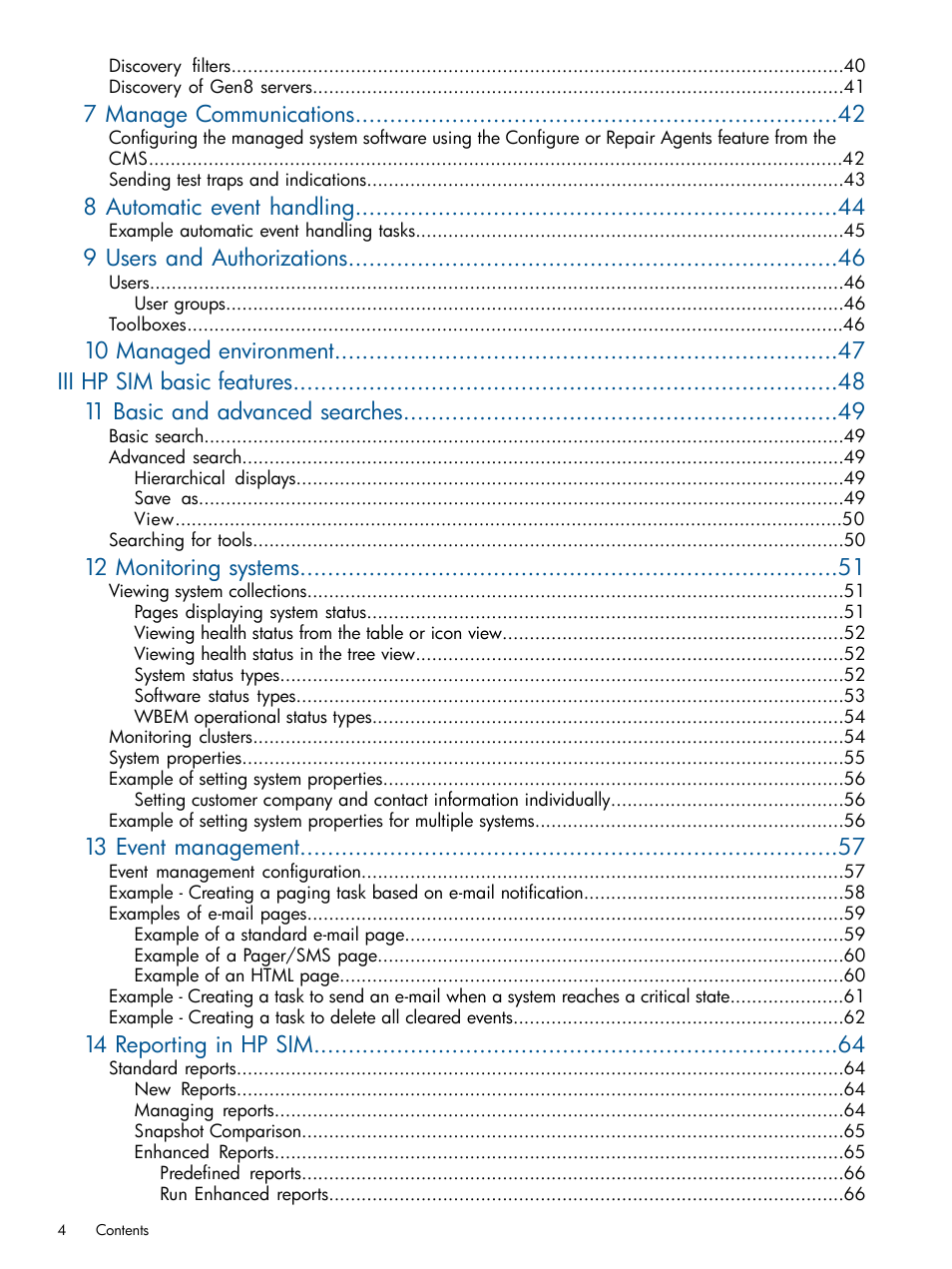 7 manage communications, 8 automatic event handling, 9 users and authorizations | 12 monitoring systems, 13 event management, 14 reporting in hp sim | HP Systems Insight Manager User Manual | Page 4 / 254