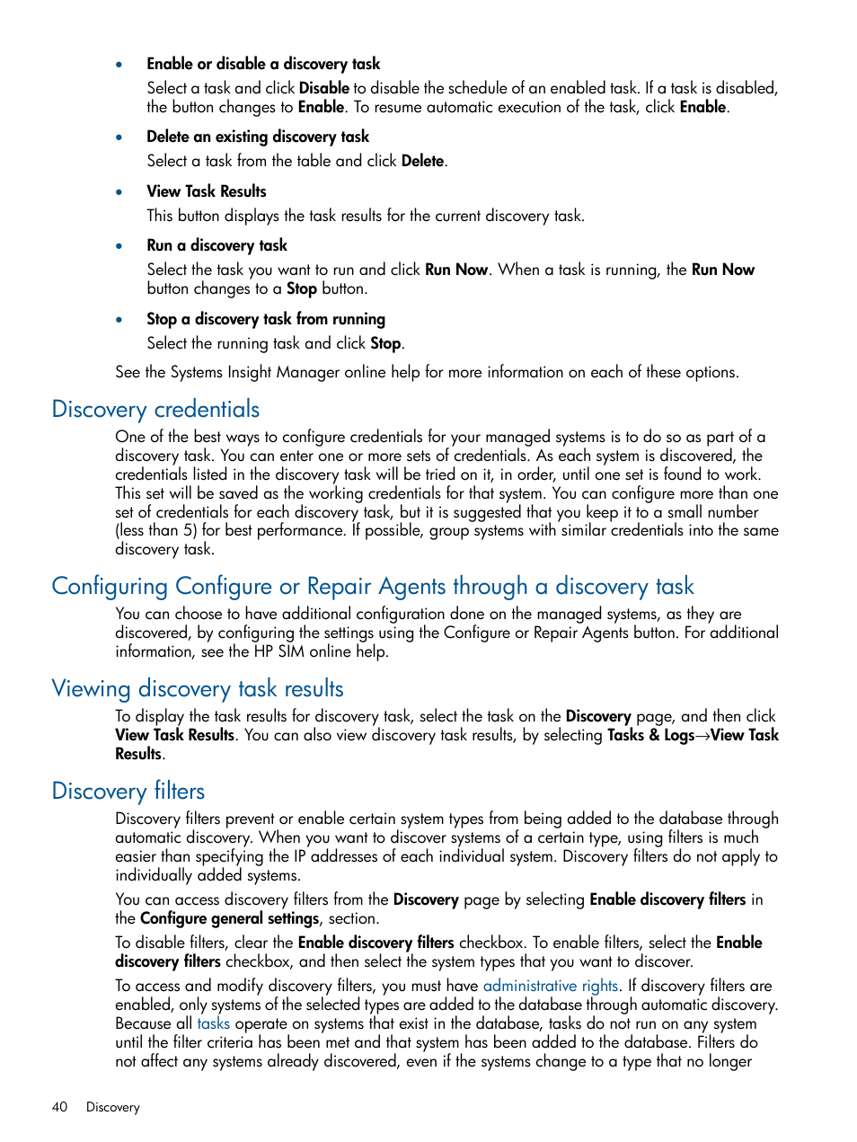 Discovery credentials, Viewing discovery task results, Discovery filters | HP Systems Insight Manager User Manual | Page 40 / 254