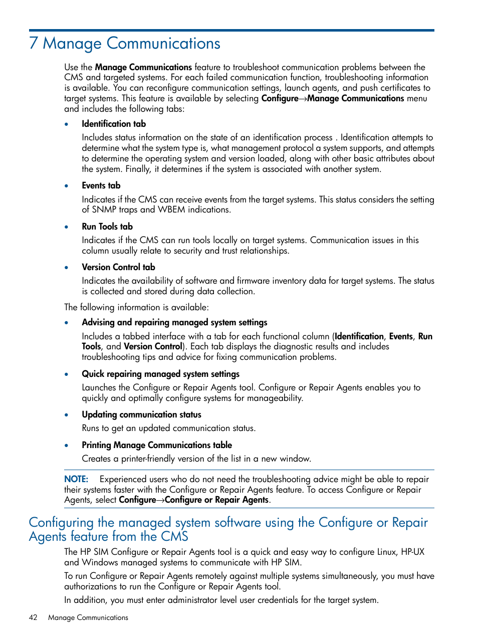 7 manage communications | HP Systems Insight Manager User Manual | Page 42 / 254