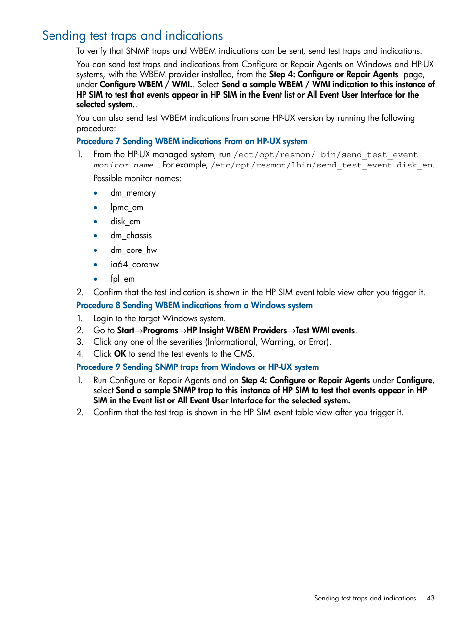 Sending test traps and indications | HP Systems Insight Manager User Manual | Page 43 / 254